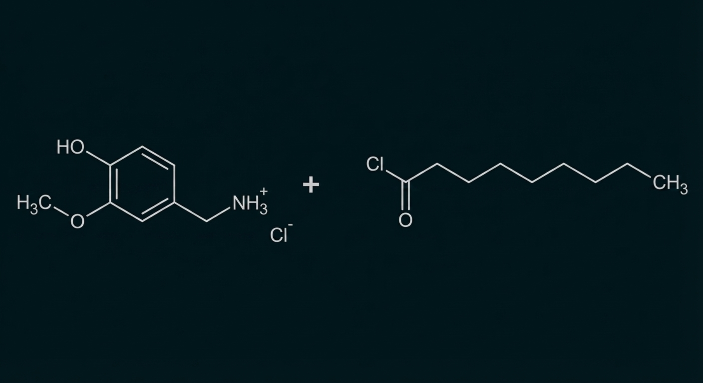 Zwei Strukturformeln: methoxyphenol‑ammoniumchlorid und ein langkettiges Acylchlorid.